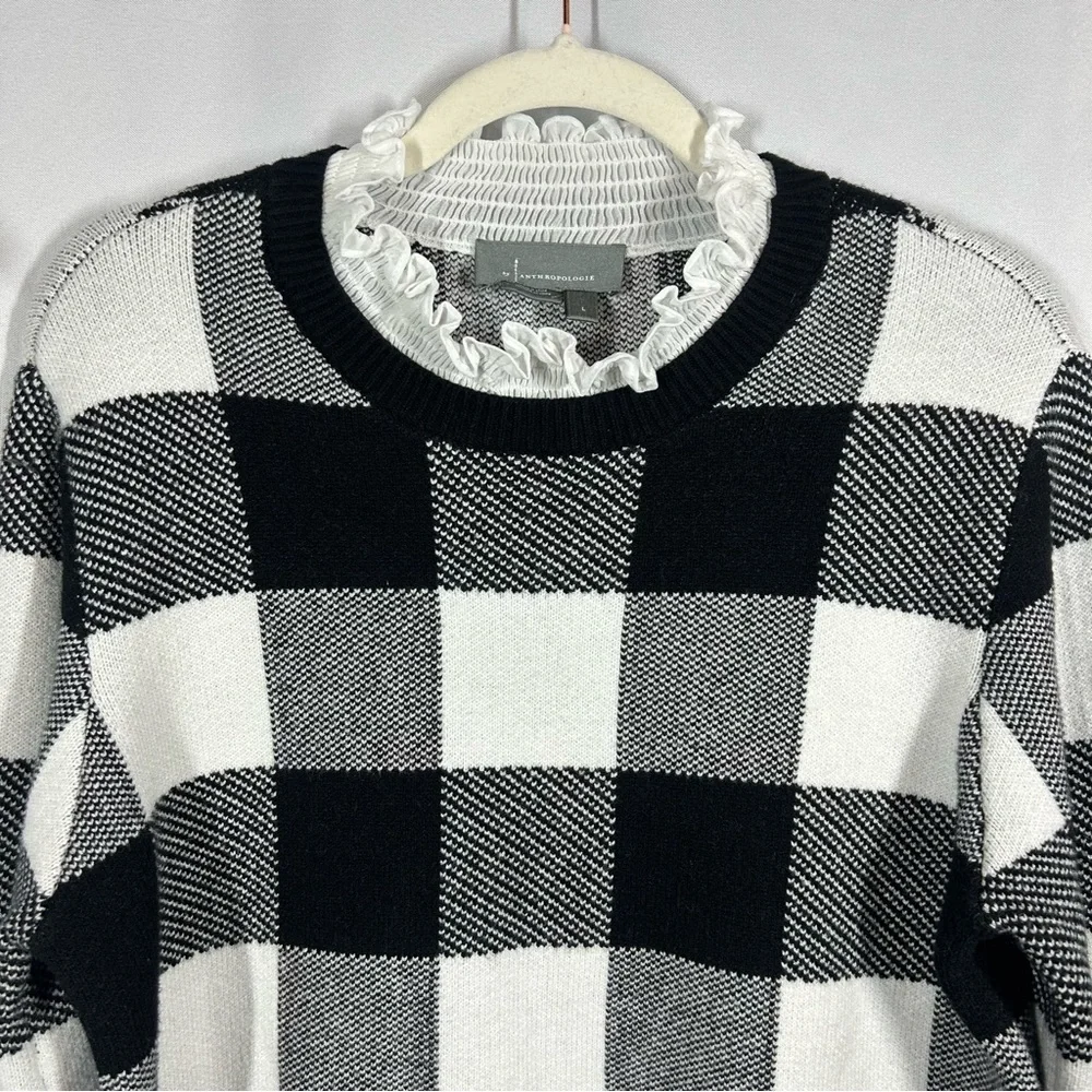 Anthropologie | Plaid Ruffle Collar Pullover Sweater Black White Women’s Size L - Picture 6 of 14